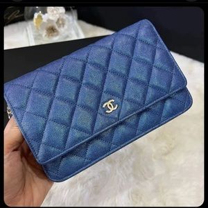 CHANEL Iridescent Metallic Pearly Blue Caviar Classic WOC Wallet On Chain Bag